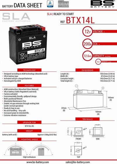 GTV 250 (2007 - 2012) btx14 sla 12v battery | BS BATTERY