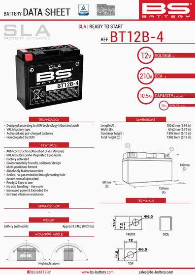 946 ARMANI 150 (2016 - 2016) bt12b-4 sla 12v 210 a battery | BS BATTERY