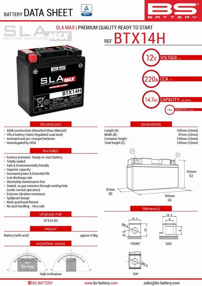 GTS 300 (2009 - 2018) btx14h sla max akumuliatorius | BS BATTERY